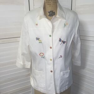 80s 90s AMY JESS White W/ Floral Embroidery Theme JACKET Button Front Medium